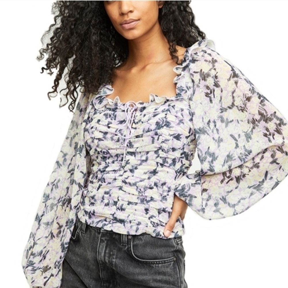 New With Tags Free People Mabel Printed Blouse Long Sleeve Lilac Combo Top XS
